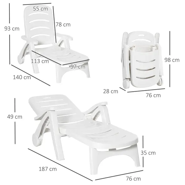 Outsunny 2PCs Outdoor Folding Sun Lounger Recliner on Wheels w/ 5-Position Backrest, White - 3