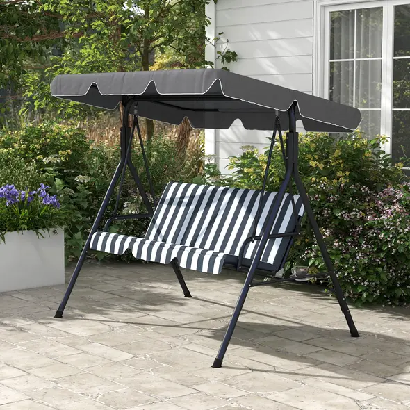 Outsunny 3 Seater Garden Swing Chair, Outdoor Swing Chair with Adjustable Canopy, Mental Frame & Cushions, Grey - 9