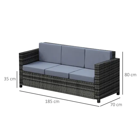 Outsunny 3 Seater All Weather Outdoor Sofa, Garden Rattan Sofa with Cushions and Mental Frame, Grey - 3