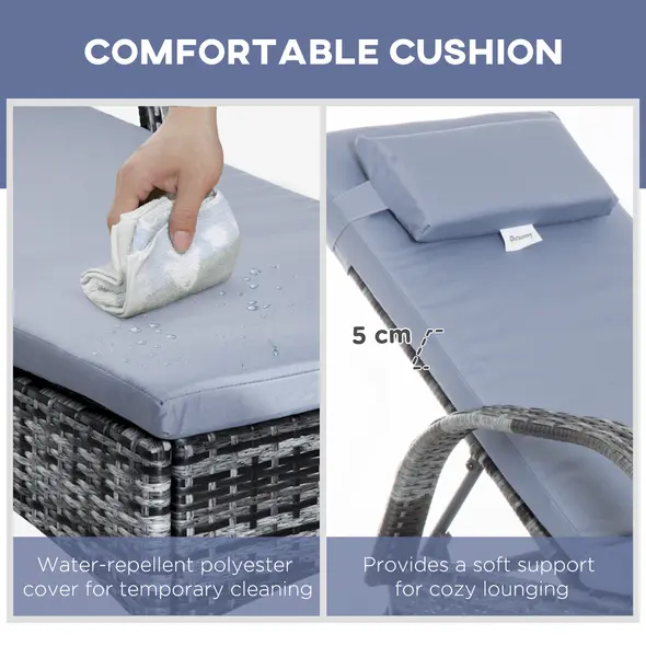 Outsunny 3 Pieces Rattan Sun Loungers, Garden Wicker Wheeling Recliner , PE Rattan Lounge Chairs w/ Cushions & Side Coffee Table Grey - 7