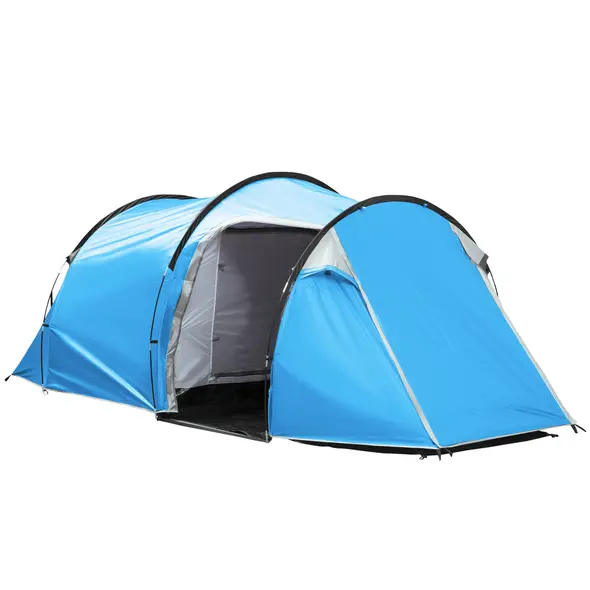 Outsunny 2-3 Man Tunnel Tent with Vestibule, Weather-Resistant Camping Tent with Air Vents for Fishing Hiking, Light Blue & Grey - 1
