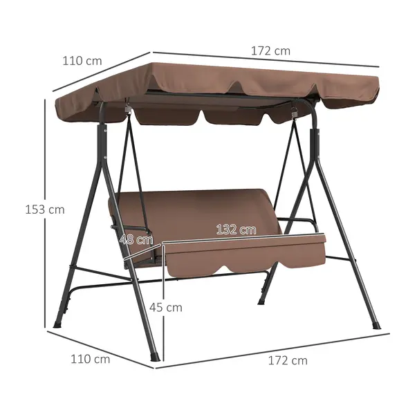 Outsunny 3 Seater Garden Swing Chair, Outdoor Swing Chair with Adjustable Canopy, Mental Frame & Cushions, Brown - 3