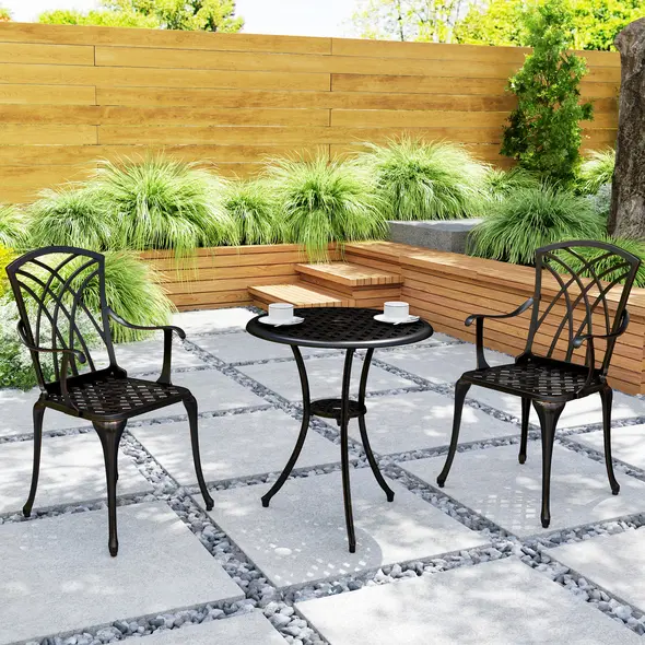 Outsunny 3 Pieces Garden Dining Set for 2, Cast Aluminium Outdoor Dining Set with 2 Armchairs and Round Dining Table with Parasol Hole, Garden Furniture Set, Bronze Tone - 8