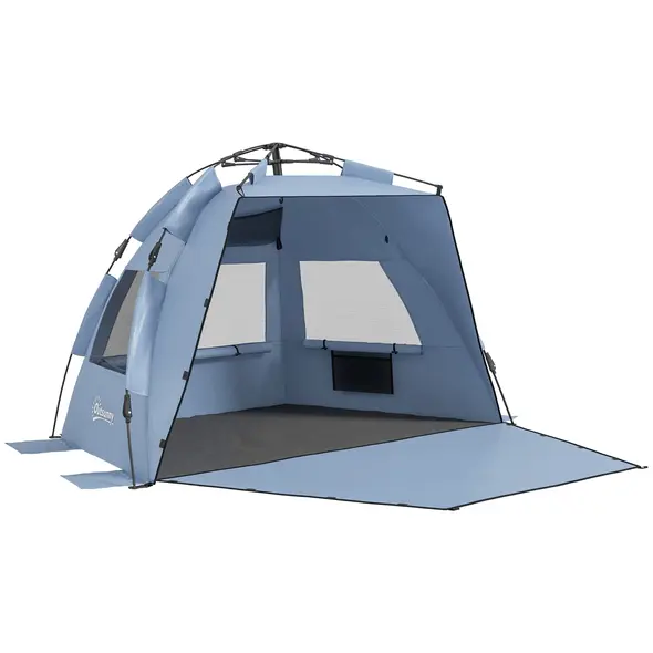 Outsunny 2-3 Person Pop Up Beach Tent, UPF15+ Sun Shelter with Extended Floor, Sandbags, Mesh Windows and Carry Bag, Light Blue - 1