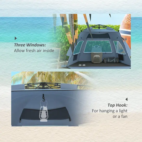 Outsunny 2-3 Person Pop Up Beach Tent, UPF15+ Sun Shelter with Extended Floor, Sandbags, Mesh Windows and Carry Bag, Light Blue - 6