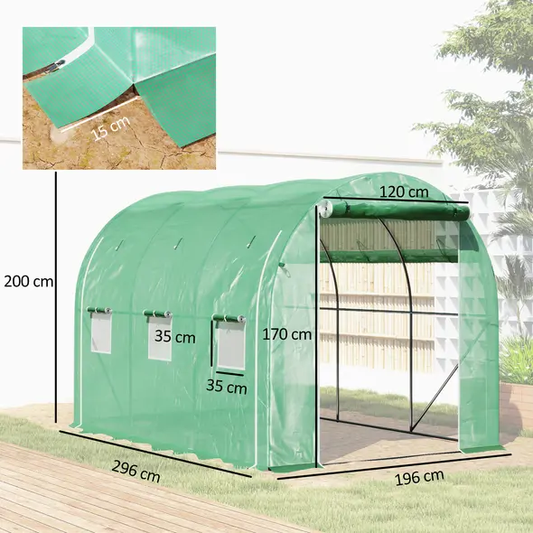 Outsunny 296 x 196cm Steel Frame Polytunnel Greenhouse - Green - 3