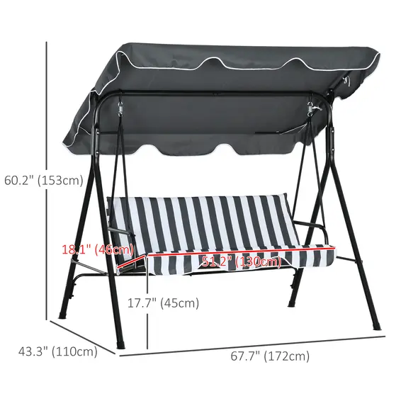 Outsunny 3 Seater Garden Swing Chair, Outdoor Swing Chair with Adjustable Canopy, Mental Frame & Cushions, Grey - 3