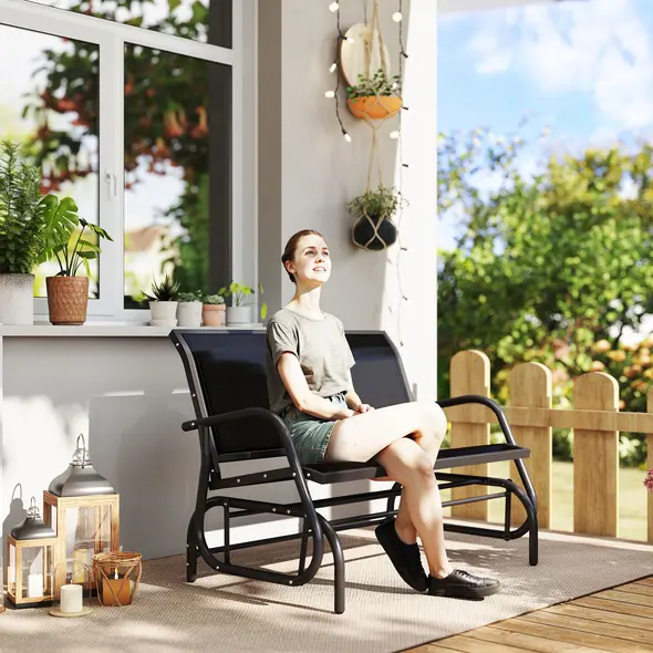 Outsunny 2-Person Outdoor Glider Bench Patio Double Swing Gliding Chair Loveseat w/Power Coated Steel Frame for Garden Patio Porch, Black - 2