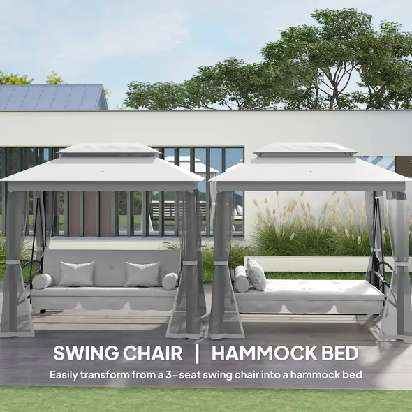 Outsunny 3 Seater Convertible Swing Chair, Outdoor Gazebo Swing Seat Bed with Double Tier Canopy, Cushioned Seat, Mesh Sidewalls, Light Grey - 4