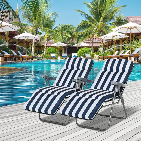 Outsunny 2Pc Folding Sun Loungers Set-Blue/White - 2