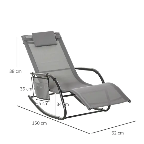 Outsunny 2PCs Outdoor Garden Rocking Chair, Patio Sun Lounger Rocker Chair with Breathable Mesh Fabric, Removable Headrest Pillow, Armrest, Side Storage Bag, Grey - 3