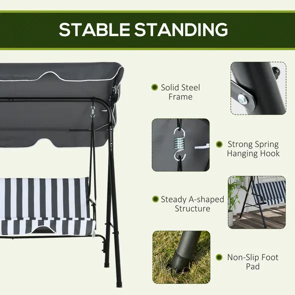 Outsunny 3 Seater Garden Swing Chair, Outdoor Swing Chair with Adjustable Canopy, Mental Frame & Cushions, Grey - 5