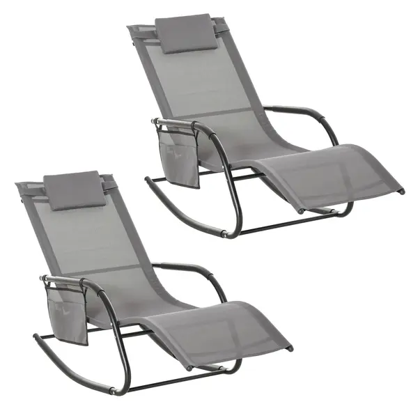 Outsunny 2PCs Outdoor Garden Rocking Chair, Patio Sun Lounger Rocker Chair with Breathable Mesh Fabric, Removable Headrest Pillow, Armrest, Side Storage Bag, Grey - 1