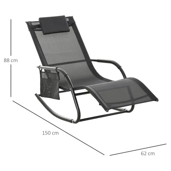 Outsunny 2PCs Outdoor Garden Rocking Chair, Patio Sun Lounger Rocker Chair with Breathable Mesh Fabric, Removable Headrest Pillow, Armrest, Side Storage Bag, Black - 3