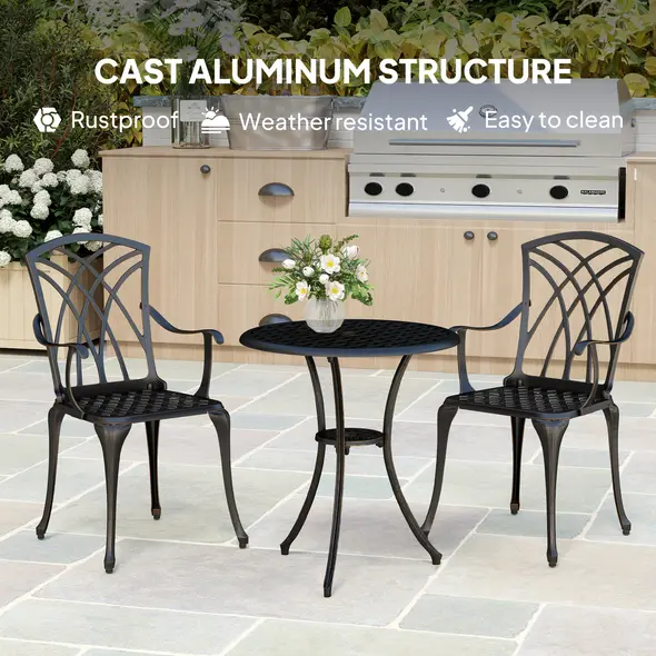 Outsunny 3 Pieces Garden Dining Set for 2, Cast Aluminium Outdoor Dining Set with 2 Armchairs and Round Dining Table with Parasol Hole, Garden Furniture Set, Bronze Tone - 5