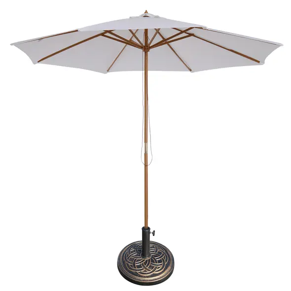 Outsunny 3 m Garden Parasol with Base, Pulley Operated Patio Umbrella, Wooden Parasol, Table Market Umbrella with Rope Pulley Mechanism and 8 Ribs, White - 1
