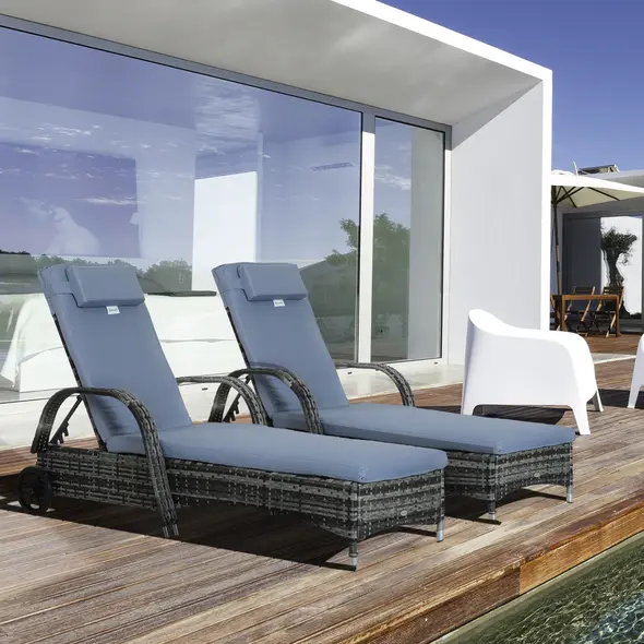 Outsunny 2PC Rattan Sun Lounger Recliner Bed Reclining Chair Patio Garden Outdoor Wicker Weave Adjustable Headrest with Fire Retardant Cushion – Grey - 2