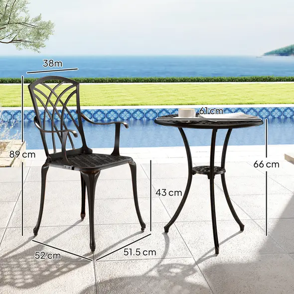 Outsunny 3 Pieces Garden Dining Set for 2, Cast Aluminium Outdoor Dining Set with 2 Armchairs and Round Dining Table with Parasol Hole, Garden Furniture Set, Bronze Tone - 3