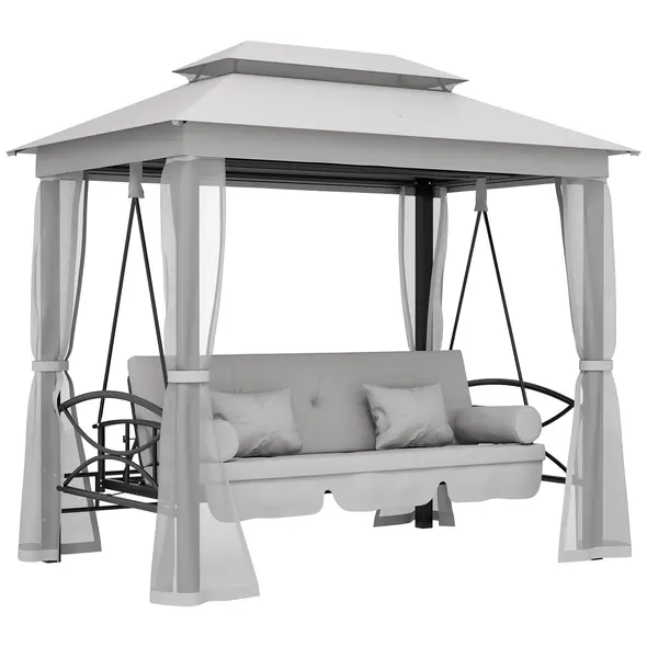 Outsunny 3 Seater Convertible Swing Chair, Outdoor Gazebo Swing Seat Bed with Double Tier Canopy, Cushioned Seat, Mesh Sidewalls, Light Grey - 1