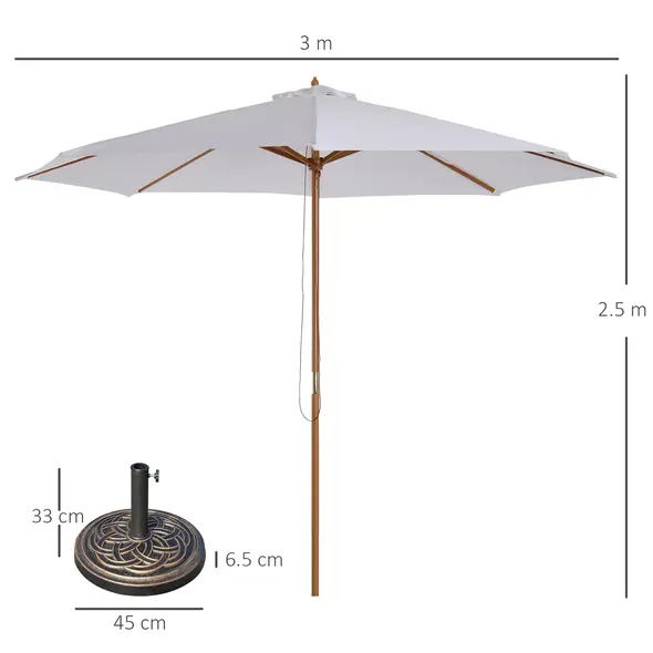 Outsunny 3 m Garden Parasol with Base, Pulley Operated Patio Umbrella, Wooden Parasol, Table Market Umbrella with Rope Pulley Mechanism and 8 Ribs, White - 3