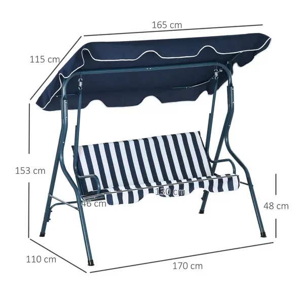 Outsunny 3 Seater Garden Swing Seat Chair Outdoor Bench with Adjustable Canopy and Metal Frame, Blue Stripes - 3