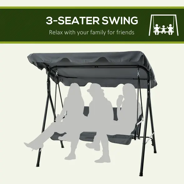Outsunny 3 Seater Garden Swing Chair, Outdoor Swing Chair with Adjustable Canopy, Mental Frame & Cushions, Grey - 6