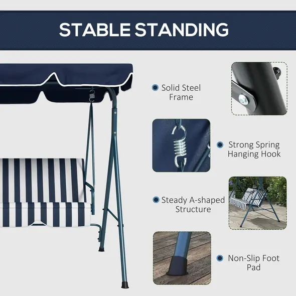 Outsunny 3 Seater Garden Swing Chair, Outdoor Swing Chair with Adjustable Canopy, Mental Frame & Cushions, Blue - 5