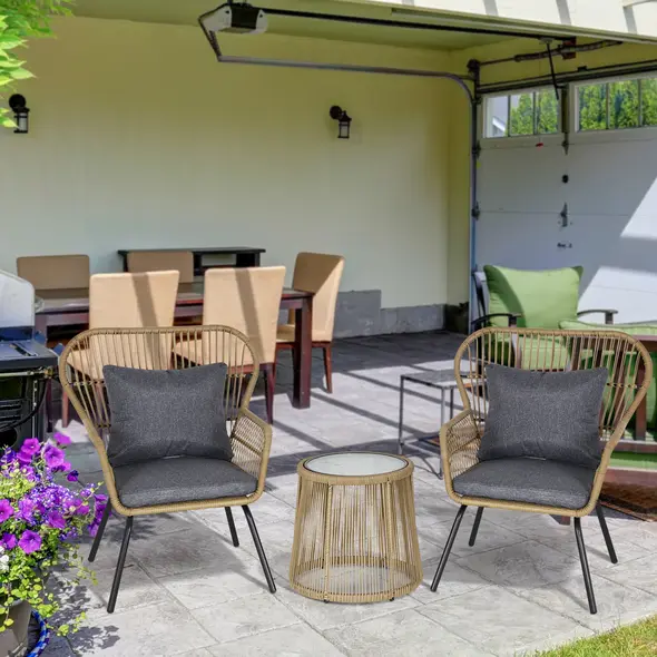 Outsunny 3 Pieces Rattan Bistro Set, Wicker Garden Furniture Set with Cushions, Glass Top Coffee Table and Chairs for Outdoor, Patio, Balcony, Brown - 2