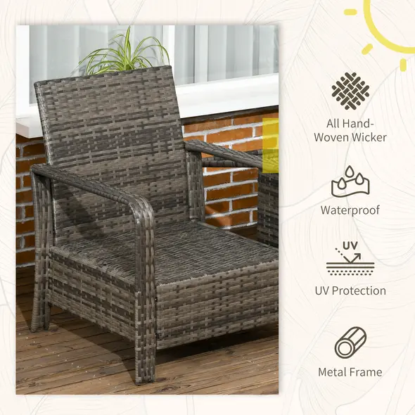 Outsunny 3 Pieces Rattan Bistro Set, Wicker Garden Furniture Set with Storage Coffee Table and Chairs, Thickened Cushions for Outdoor, Patio, Balcony, Grey - 4