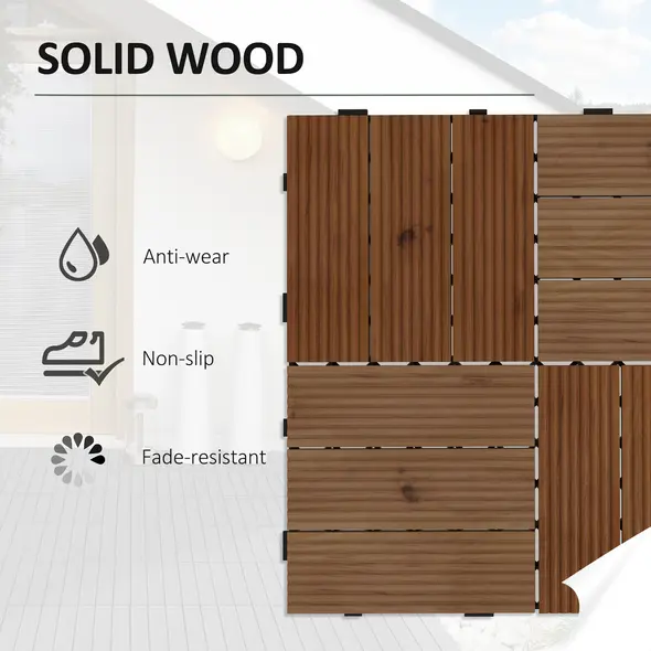 Outsunny 27 Pcs Wooden Interlocking Decking Tiles, 30 x 30 cm Anti-slip Outdoor Flooring Tiles, 0.81㎡ per Pack, All Weather Use for Patio, Balcony, Terrace, Hot Tub, Brown - 4