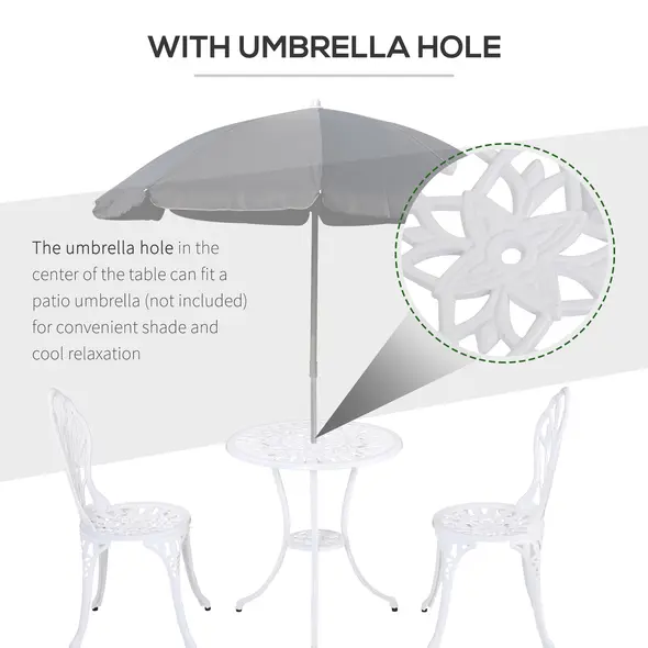 Outsunny 3 Piece Patio Bistro Set for 2, Outdoor Aluminium Garden Table and Chairs with Umbrella Hole for Balcony, White - 6