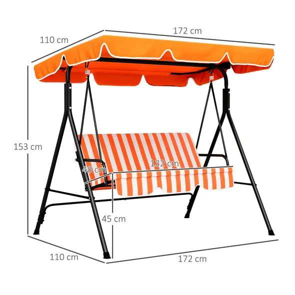 Outsunny 3 Seater Garden Swing Chair, Outdoor Swing Chair with Adjustable Canopy, Mental Frame & Cushions, Orange - 3
