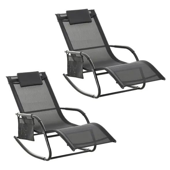 Outsunny 2PCs Outdoor Garden Rocking Chair, Patio Sun Lounger Rocker Chair with Breathable Mesh Fabric, Removable Headrest Pillow, Armrest, Side Storage Bag, Black - 1