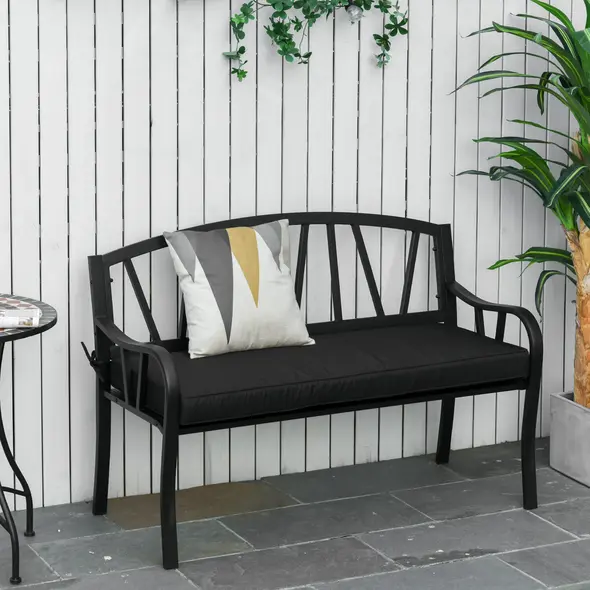 Outsunny 2-Seater Garden Bench with Cushion, Metal Loveseat, Slatted Outdoor Park Chair with Decorative Backrest and Armrest, Black - 2