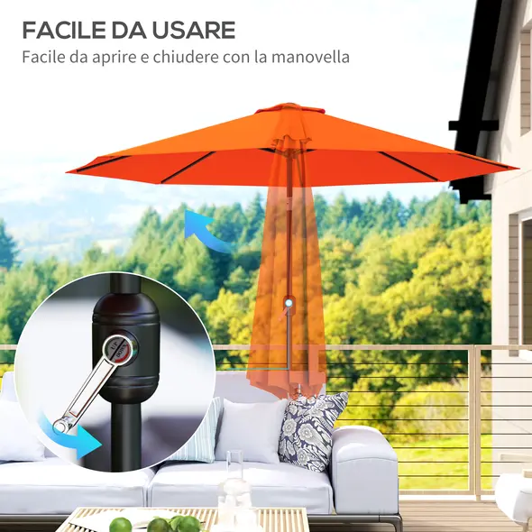 Outsunny 3 m Garden Parasol Umbrellas, Outdoor Sun Shade with 8 Ribs, Tilt and Crank Handle for Balcony, Bench, Garden, Orange - 4