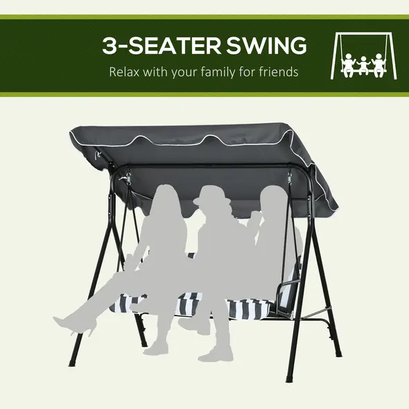 Outsunny 3 Seater Garden Swing Chair, Outdoor Swing Chair with Adjustable Canopy, Mental Frame & Cushions, Grey - 6