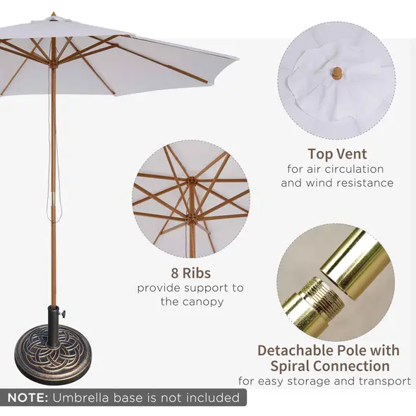 Outsunny 3 m Garden Parasol with Base, Pulley Operated Patio Umbrella, Wooden Parasol, Table Market Umbrella with Rope Pulley Mechanism and 8 Ribs, White - 5