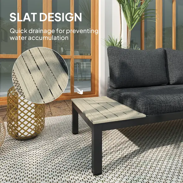 Outsunny 3 Pieces Garden Furniture Set, Aluminium 4 Seater Corner Sofa Set with 2 Loveseats, Coffee Table and Side Trays, Outdoor Conversation Furniture with Cushions for Garden, Dark Grey - 6