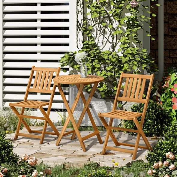 Outsunny 3 Piece Folding Bistro Set, Wooden Garden Table and Chairs for Outdoor, Patio, Yard, Porch, Teak - 2