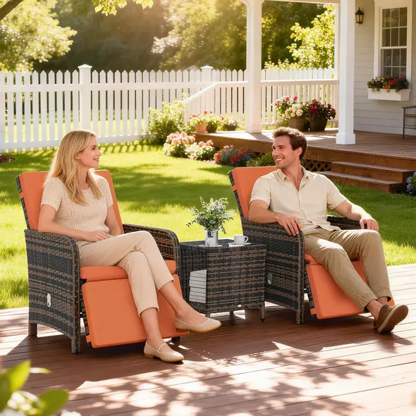 Outsunny 3 Pieces Rattan Bistro Set Balcony Furniture with Cushions, Storage Function - Orange - 2