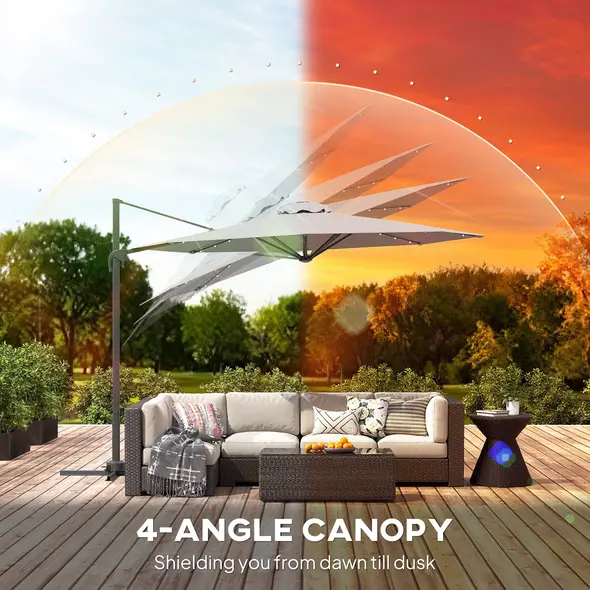 Outsunny 3(m) Cantilever Roma Parasol Patio Sun Umbrella with Crank & Tilt LED Solar Light Cross Base 360° Rotating Outdoor, Dark Grey - 5