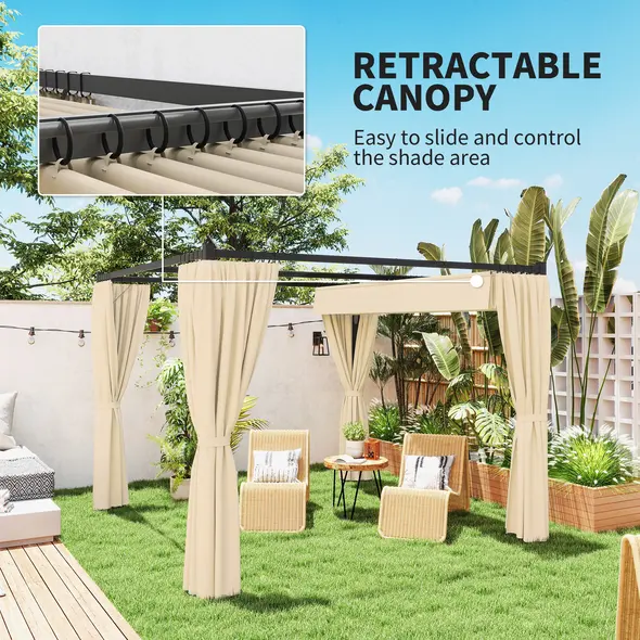 Outsunny 3 x 3m Retractable Roof Pergola, with Curtains - Khaki - 4