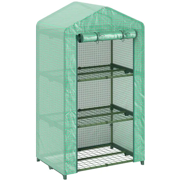 Outsunny 3 Tier Mini Greenhouse Portable Garden Grow House with Roll Up Door and Wire Shelves, 69 x 49 x 125 cm, Green - 1