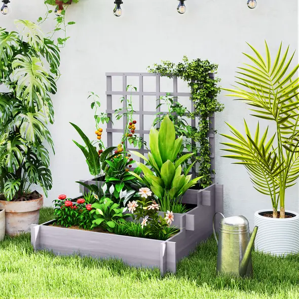 Outsunny 3 Tier Garden Planters with Trellis for Vine Climbing, Wooden Raised Beds, 95x95x110cm, Grey - 2