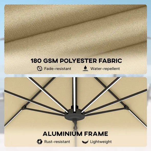Outsunny 3(m) Adjustable Cantilever Parasol with Base, Solar LED Lights, Khaki - 6