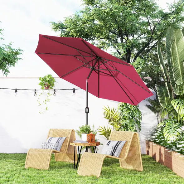 Outsunny 3(m) Tilting Parasol Garden Umbrellas, Outdoor Sun Shade with 8 Ribs, Tilt and Crank Handle for Balcony, Bench, Garden, Wine Red - 2