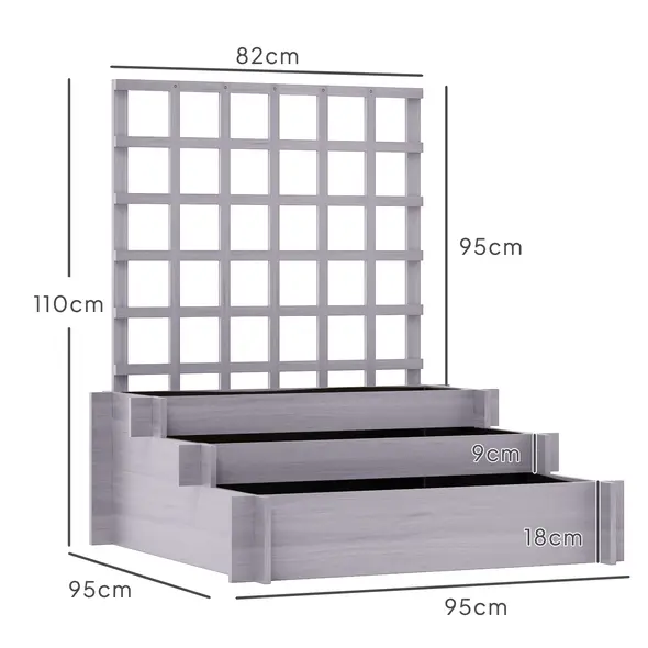 Outsunny 3 Tier Garden Planters with Trellis for Vine Climbing, Wooden Raised Beds, 95x95x110cm, Grey - 3