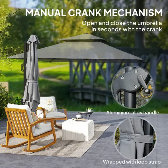 Outsunny 3 x 3(m) Cantilever Parasol with Aluminium Frame, Crank and Tilt, 360-Degree Rotation, Double Top Garden Umbrella with Cover (Only Cross Base), Light Grey - 7