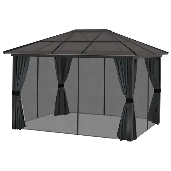 Outsunny 3 x 3.6m Hardtop Gazebo Canopy with Polycarbonate Roof, Aluminium Frame, Permanent Pavilion Garden Gazebo with Netting and Curtains for Patio, Deck, Dark Grey - 8