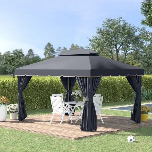 Outsunny 3 x 4m Aluminium Garden Gazebo, Marquee Canopy Shelter Pavilion Party Tent with Nets and Curtains for Garden and Deck, Black - 2